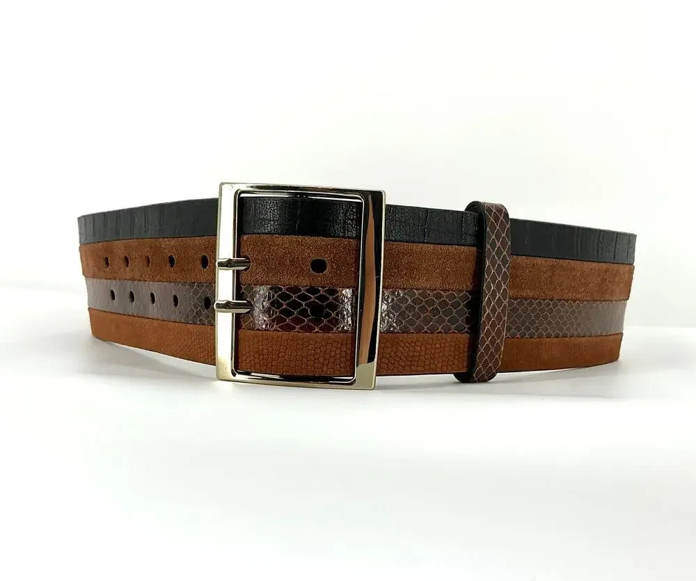 White House Black Market Leather Belt S Brown Black Snakeskin Wide Statement